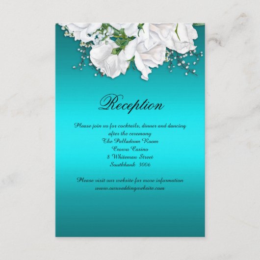 Elegante White Roses und Aqua Wedding Empfang Begleitkarte (Vorderseite)