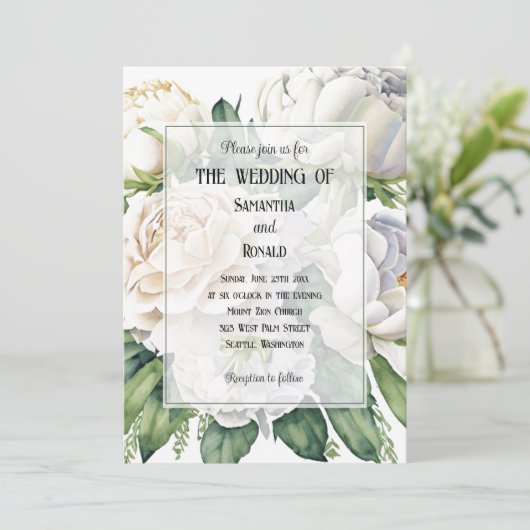 Elegante White Roses und Peonies Einladung zur Hoc (Stehend Vorderseite)