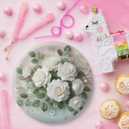 Elegante White Roses Wedding Pappteller (Party)