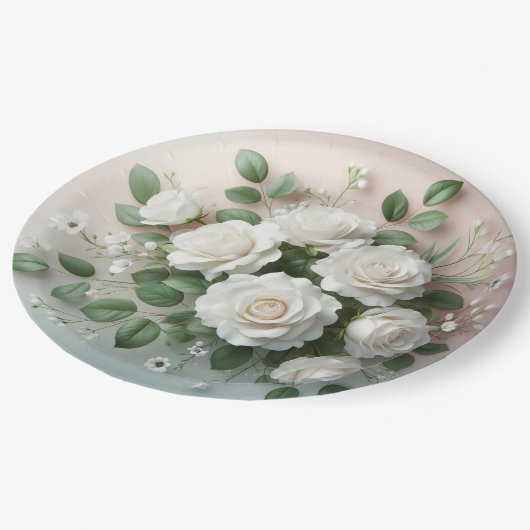 Elegante White Roses Wedding Pappteller (Schrägansicht)