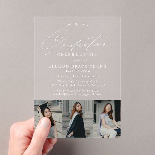 Elegante White Script 3 Foto Graduation Party Acryleinladungen (Insitu (Handheld))