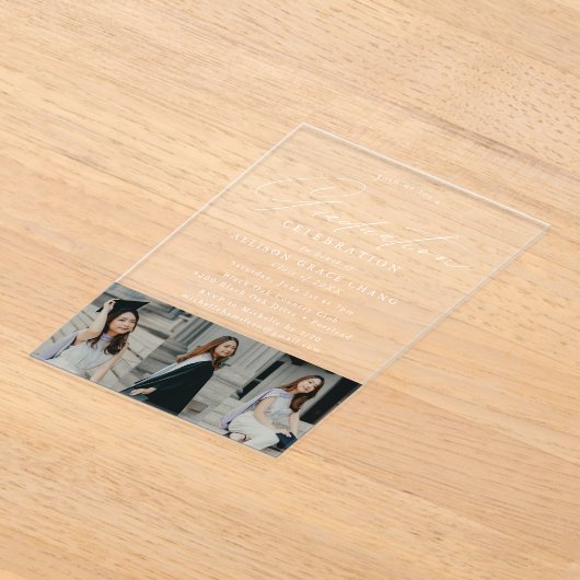 Elegante White Script 3 Foto Graduation Party Acryleinladungen (Ablage )