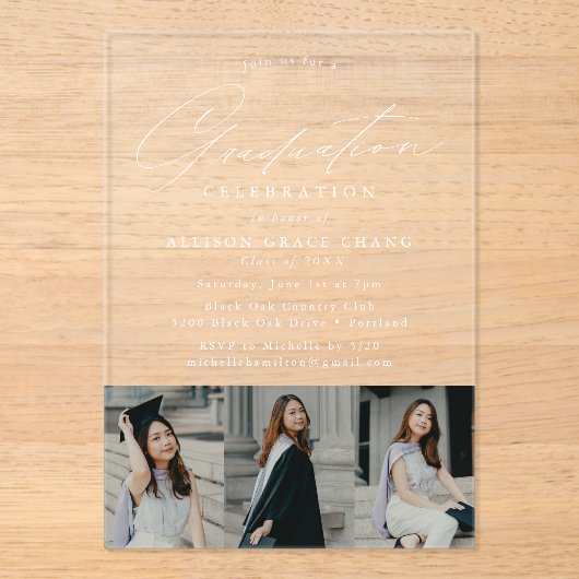 Elegante White Script 3 Foto Graduation Party Acryleinladungen (Vorderseite)