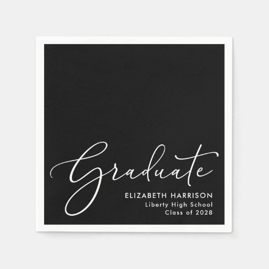 Elegante White Script Black Graduation Party Serviette (Vorderseite)