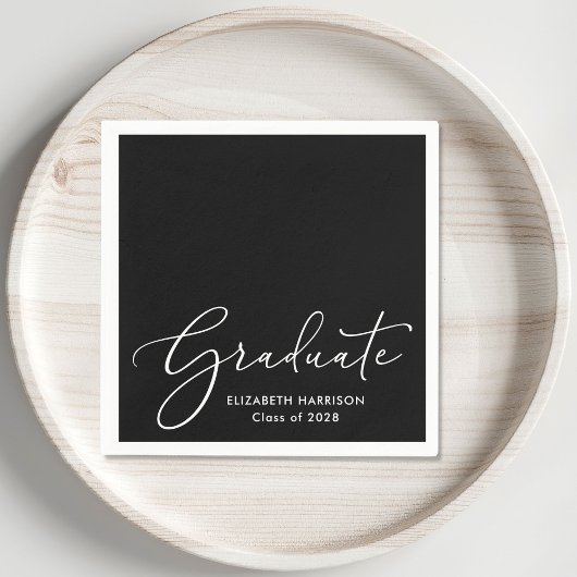 Elegante White Script Black Graduation Party Serviette