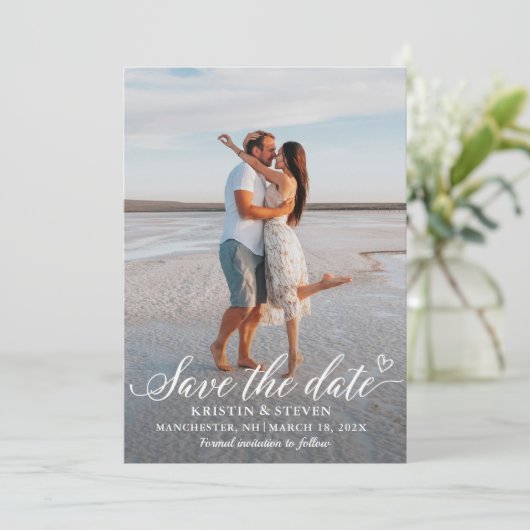 Elegante White Script Foto Save the Date Karte (Stehend Vorderseite)
