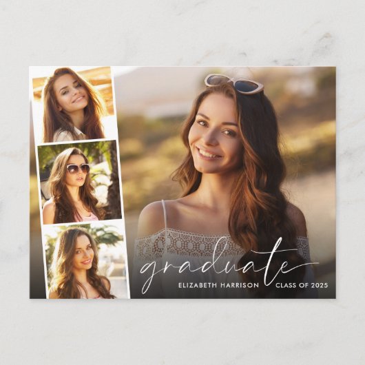 Elegante White Script Foto Strip Graduation Party Einladungspostkarte (Vorderseite)