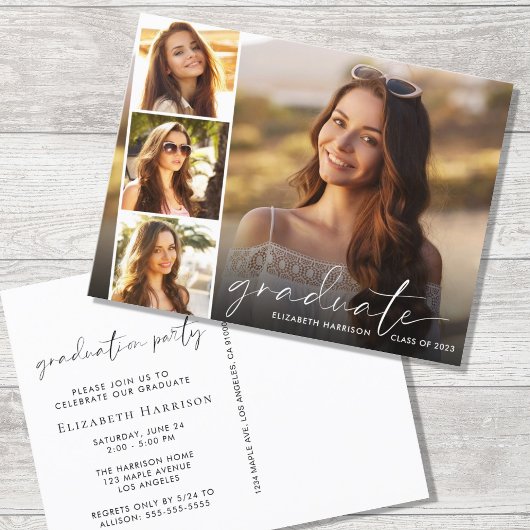 Elegante White Script Foto Strip Graduation Party Einladungspostkarte