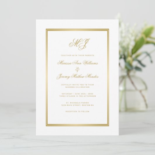 Elegante White-Script-Monogram-Hochzeit Einladung (Stehend Vorderseite)