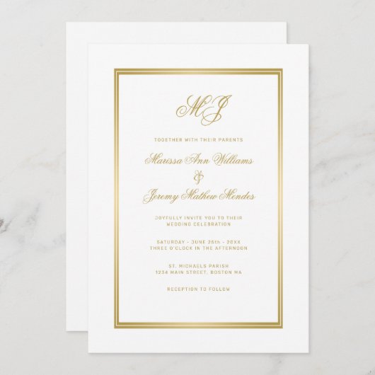 Elegante White-Script-Monogram-Hochzeit Einladung (Vorne/Hinten)