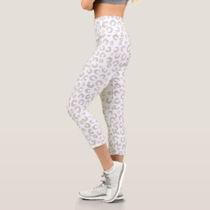 Elegante White Silver Glitzer Leopard Animal Print Capri Leggings