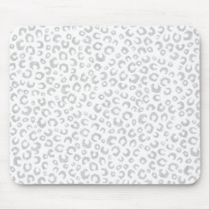 Elegante White Silver Glitzer Leopard Animal Print Mousepad