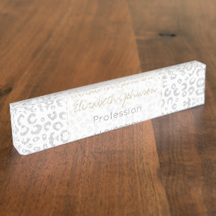 Elegante White Silver Glitzer Leopard Animal Print Namensplakette