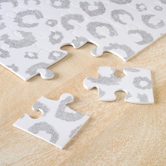Elegante White Silver Glitzer Leopard Animal Print Puzzle (Seite)