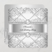 Elegante White Silver Lace Pearl Birthday Party Einladung (Vorne/Hinten)