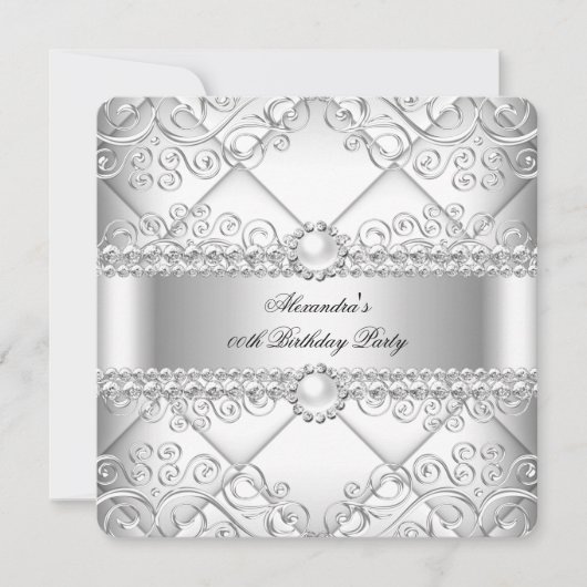 Elegante White Silver Lace Pearl Birthday Party Einladung (Vorderseite)