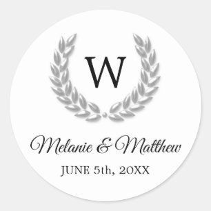 Elegante White & Silver Laurel Monogram Wedding Runder Aufkleber