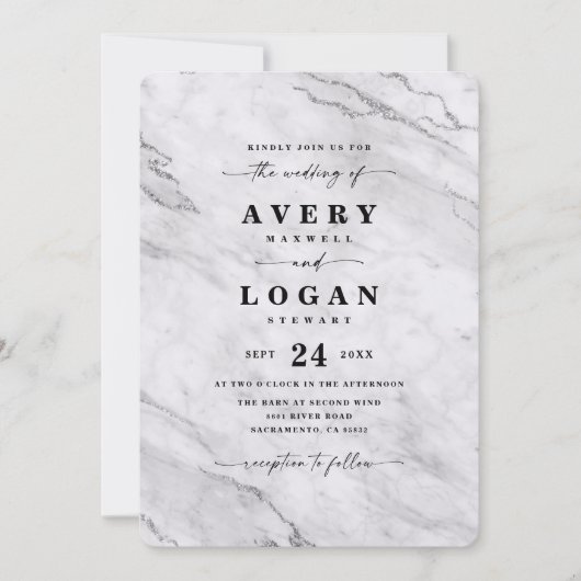 Elegante White & Silver Metallic Marmorhochzeit Einladung (Vorderseite)