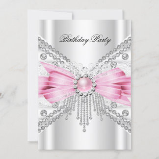 Elegante White Silver Pink Diamond Geburtstagspart Einladung
