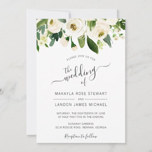 Elegante White Watercolor Rose Border Wedding Einladung (Vorderseite)