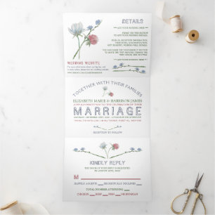 Elegante White, Wildblume Wedding Suite Dreifach Gefaltete Einladung
