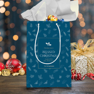 Elegante White Winter Blätter Mistletoe Blue Mittlere Geschenktüte
