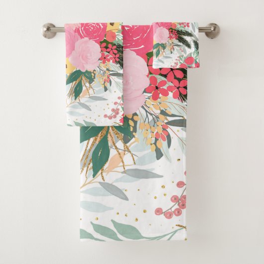 Elegante White Winter Floral & Gold Glitzer Punkte Badhandtuch Set (Insitu)