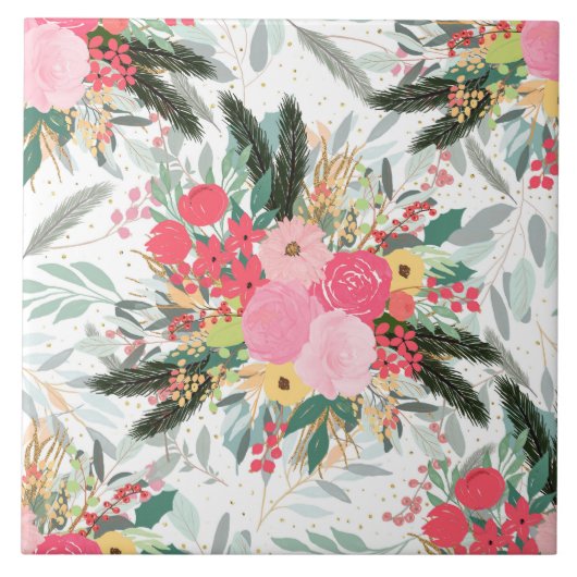 Elegante White Winter Floral & Gold Glitzer Punkte Fliese (Vorderseite)