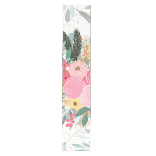 Elegante White Winter Floral & Gold Glitzer Punkte Mittelgroßer Tischläufer
