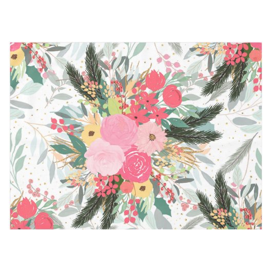 Elegante White Winter Floral & Gold Glitzer Punkte Tischdecke (Vorderseite (Horizontal))