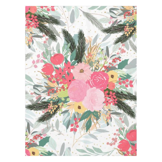 Elegante White Winter Floral & Gold Glitzer Punkte Tischdecke (Vorderseite)