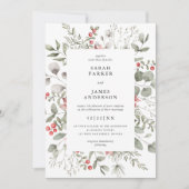 Elegante White Winter Watercolor Grüne Hochzeit Einladung (Vorderseite)