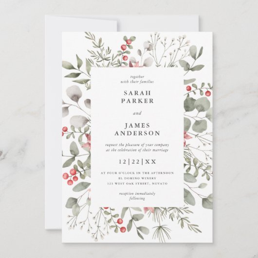 Elegante White Winter Watercolor Grüne Hochzeit Einladung (Vorderseite)