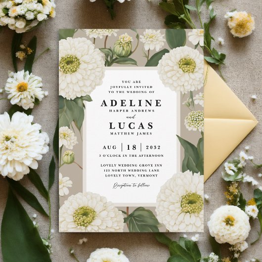 Elegante White Zinnia Blume Elfenbeinblume Hochzei Einladung