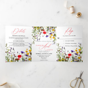 Elegante Wild Blume Blühende Gartenhochzeit Dreifach Gefaltete Ankündigung