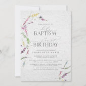 Elegante Wildblume Aquarelltaufe 1. Geburtstag Einladung (Vorderseite)