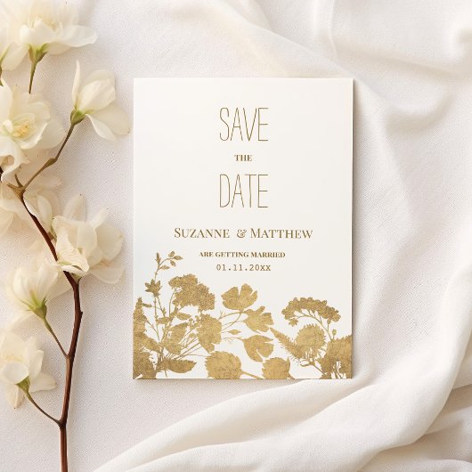 Elegante Wildblume aus Weißgold Save the Date Einladung