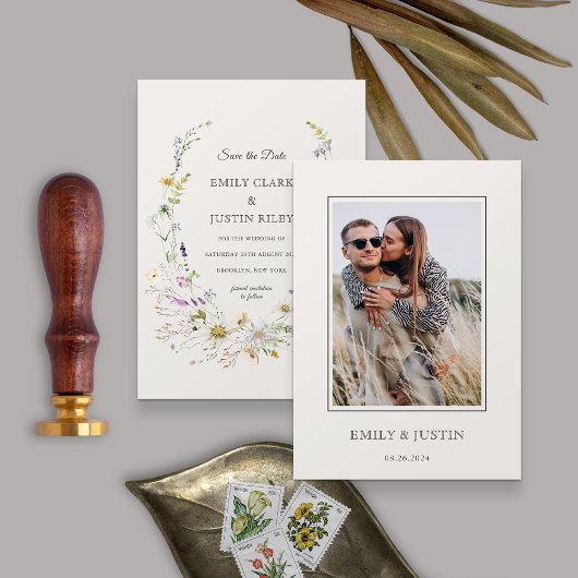 Elegante Wildblume Beige Foto Save the Date Einladung