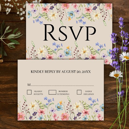 Elegante Wildblume Beige Wedding RSVP Karte