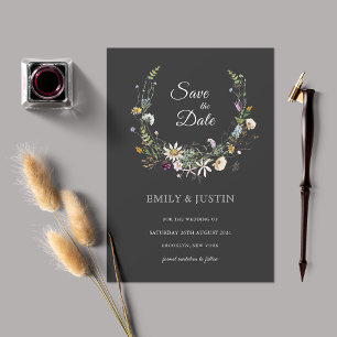 Elegante Wildblume Black Save the Date Hochzeit Einladung