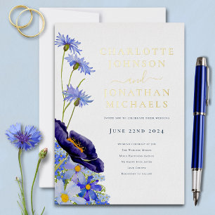 Elegante Wildblume Blau und Gold Folieneinladung
