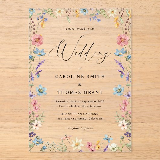 Elegante Wildblume Bloom Romantische Script Hochze Acryleinladungen (Vorderseite)