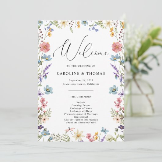 Elegante Wildblume Bloom Script Wedding Programm (Stehend Vorderseite)