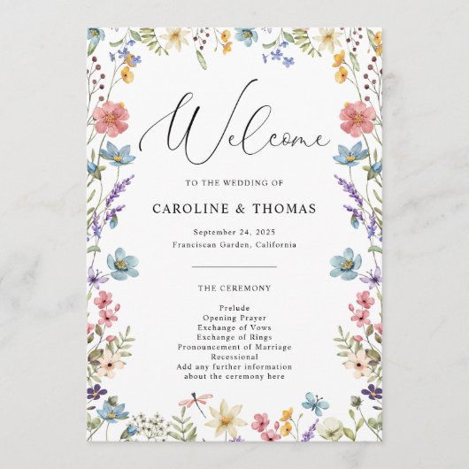 Elegante Wildblume Bloom Script Wedding Programm (Vorderseite)
