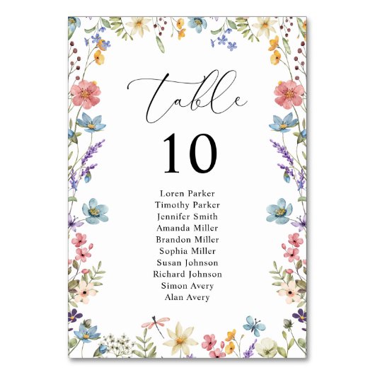 Elegante Wildblume Bloom Wedding Seating Chart Tischnummer (Vorderseite)