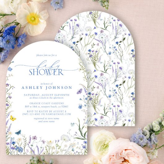 Elegante Wildblume Blue Gender Neutral Baby Dusche Einladung