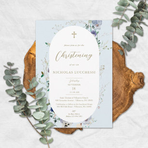 Elegante Wildblume Blue Oval Frame Boy Christening Einladung
