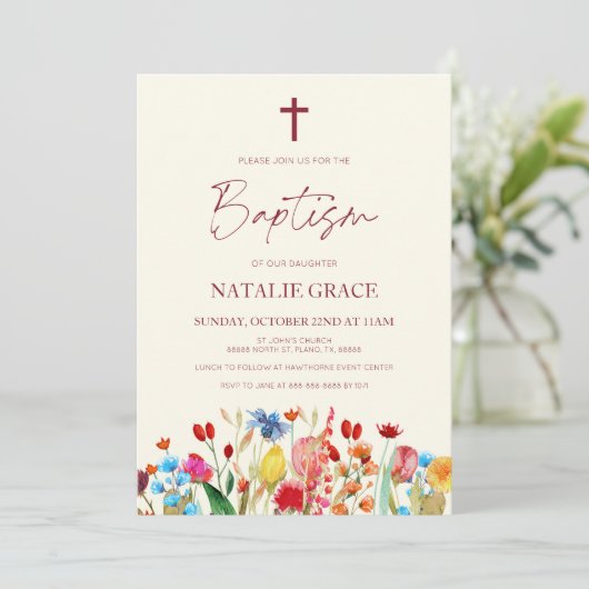 Elegante Wildblume Blumengarten Taufe Einladung (Stehend Vorderseite)