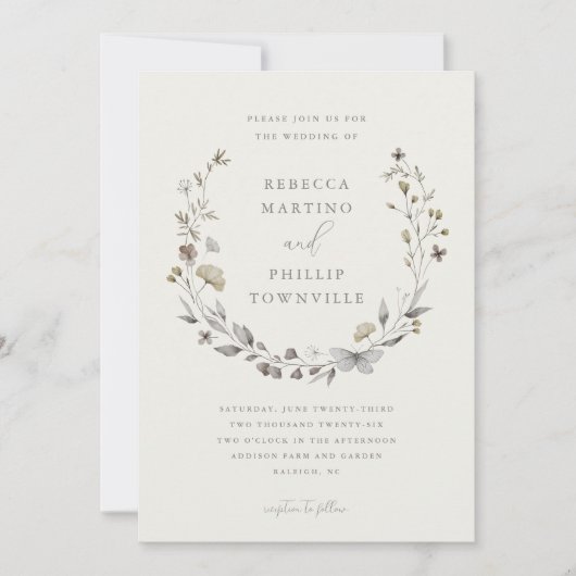 Elegante Wildblume Blumenreath Einladung (Vorderseite)