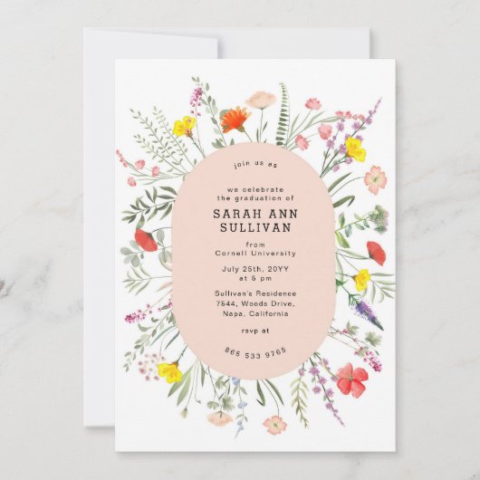 Elegante Wildblume Blush Frame Abschluss laden ein Einladung (Vorderseite)